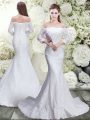 Pretty 3 4 Length Sleeve Lace Brush Train Lace Up Wedding Gown in White with Lace