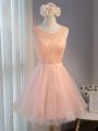 Exceptional Sleeveless Tulle Zipper Prom Gown in Peach with Beading and Belt