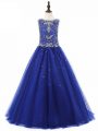Royal Blue A-line Tulle Scoop Sleeveless Beading Floor Length Lace Up Kids Pageant Dress