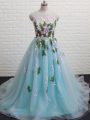 Aqua Blue A-line Scoop Sleeveless Tulle Brush Train Backless Appliques Teens Party Dress