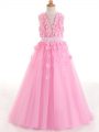 Rose Pink Tulle Zipper Scoop Sleeveless Floor Length Girls Pageant Dresses Appliques and Bowknot