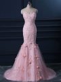 Pretty Sleeveless Appliques and Hand Made Flower Lace Up Prom Gown with Baby Pink Brush Train