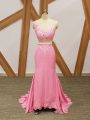 Baby Pink Zipper Scoop Beading and Lace and Appliques Red Carpet Gowns Elastic Woven Satin Sleeveless Brush Train