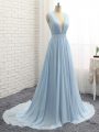 Charming Light Blue Backless V-neck Ruching and Belt Prom Gown Chiffon Sleeveless Brush Train