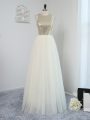 Wonderful Light Yellow Empire Tulle Scoop Sleeveless Sequins Floor Length Backless Dama Dress