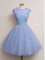 Luxurious Blue Ball Gowns Scoop Cap Sleeves Tulle Knee Length Lace Up Lace Wedding Party Dress