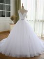 V-neck Sleeveless Tulle Wedding Gowns Beading and Lace and Appliques Court Train Lace Up