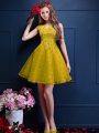 Charming Sleeveless Knee Length Beading and Lace Lace Up Quinceanera Court of Honor Dress with Yellow