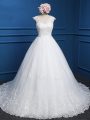 White Sleeveless Tulle Brush Train Backless Wedding Dresses for Beach and Wedding Party
