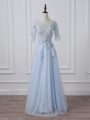 Light Blue Mother Of The Bride Dress Silk Like Satin 3 4 Length Sleeve Beading and Lace and Appliques