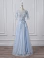 Light Blue Mother Of The Bride Dress Silk Like Satin 3 4 Length Sleeve Beading and Lace and Appliques