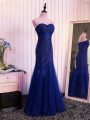 Floor Length Royal Blue Evening Party Dresses Tulle Sleeveless Beading and Lace and Appliques and Pleated