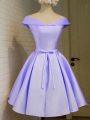 Luxurious Knee Length Lavender Bridesmaids Dress Taffeta Cap Sleeves Belt