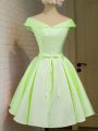 Fashion Taffeta Off The Shoulder Cap Sleeves Lace Up Belt Bridesmaids Dress in Yellow Green