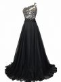 Sweet Side Zipper Juniors Evening Dress Black for Prom and Party with Beading and Lace Brush Train