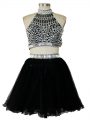 Black Sleeveless Mini Length Beading Criss Cross Prom Evening Gown