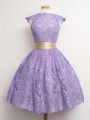 Excellent Lavender Lace Up Bridesmaids Dress Belt Cap Sleeves Knee Length
