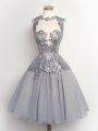 Grey Sleeveless Lace Knee Length Quinceanera Dama Dress