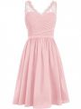 Affordable Pink Empire Chiffon V-neck Sleeveless Lace and Ruching Knee Length Side Zipper Bridesmaid Dresses