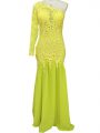 Suitable Brush Train Column/Sheath Mother Of The Bride Dress Yellow One Shoulder Chiffon Long Sleeves Side Zipper