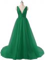 Dark Green Sleeveless Organza Brush Train Backless for Prom and Party and Military Ball