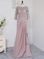 Elastic Woven Satin Scoop Half Sleeves Brush Train Zipper Beading and Lace and Appliques Mother Of The Bride Dress in Pink