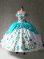 Elegant Multi-color Lace Up Off The Shoulder Embroidery and Ruffles Ball Gown Prom Dress Organza and Taffeta Cap Sleeves