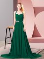 Dark Green Party Dresses Halter Top Sleeveless Brush Train Zipper