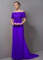Off The Shoulder Short Sleeves Mother Of The Bride Dress Sweep Train Lace Purple Chiffon