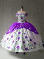 White And Purple Cap Sleeves Embroidery and Ruffles Floor Length Quinceanera Gown