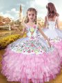 High Class Rose Pink Organza and Taffeta Lace Up Child Pageant Dress Sleeveless Floor Length Embroidery and Ruffled Layers