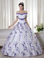 White Ball Gowns Off The Shoulder Short Sleeves Organza Floor Length Lace Up Embroidery Ball Gown Prom Dress