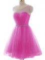 Pretty Fuchsia Tulle Lace Up Scoop Sleeveless Mini Length Casual Dresses Beading and Ruching