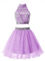Clearance Lilac A-line High-neck Sleeveless Organza Knee Length Zipper Beading Bridesmaid Gown