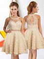 Stunning A-line Bridesmaid Dresses Champagne Halter Top Lace Sleeveless Knee Length Zipper