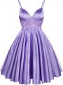 Custom Designed Lilac A-line Elastic Woven Satin Spaghetti Straps Sleeveless Lace Knee Length Lace Up Quinceanera Court Dresses