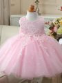 Appliques and Bowknot Pageant Gowns For Girls Baby Pink Zipper Sleeveless Knee Length