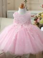 Appliques and Bowknot Pageant Gowns For Girls Baby Pink Zipper Sleeveless Knee Length