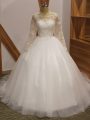 White Ball Gowns Scoop Long Sleeves Tulle Brush Train Clasp Handle Lace Wedding Dress