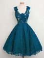 Unique Teal Lace Up Court Dresses for Sweet 16 Lace Sleeveless Knee Length
