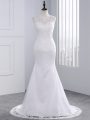 White Sleeveless Brush Train Beading and Appliques Wedding Gown