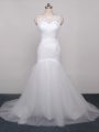 White Tulle Lace Up Scoop Sleeveless Wedding Gown Brush Train Lace and Appliques and Ruching