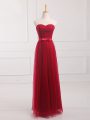 Romantic Wine Red Lace Up Sweetheart Belt Bridesmaid Dresses Tulle and Lace Sleeveless