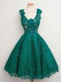 Designer Knee Length Dark Green Quinceanera Court of Honor Dress Lace Sleeveless Lace