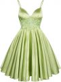 Sleeveless Elastic Woven Satin Knee Length Lace Up Dama Dress for Quinceanera in Yellow Green with Lace
