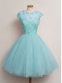 Aqua Blue Cap Sleeves Tulle Lace Up Bridesmaids Dress for Prom and Party and Wedding Party