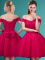 Dazzling Red Cap Sleeves Knee Length Lace and Belt Lace Up Wedding Guest Dresses