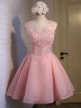 Fashionable Pink Scoop Neckline Lace Dama Dress for Quinceanera Sleeveless Lace Up