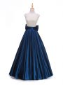 Luxury Sleeveless Floor Length Beading and Bowknot Backless Juniors Evening Dress with Navy Blue