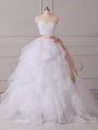 Pretty White Sweetheart Lace Up Beading and Ruffles and Sashes ribbons Wedding Dresses Brush Train Sleeveless